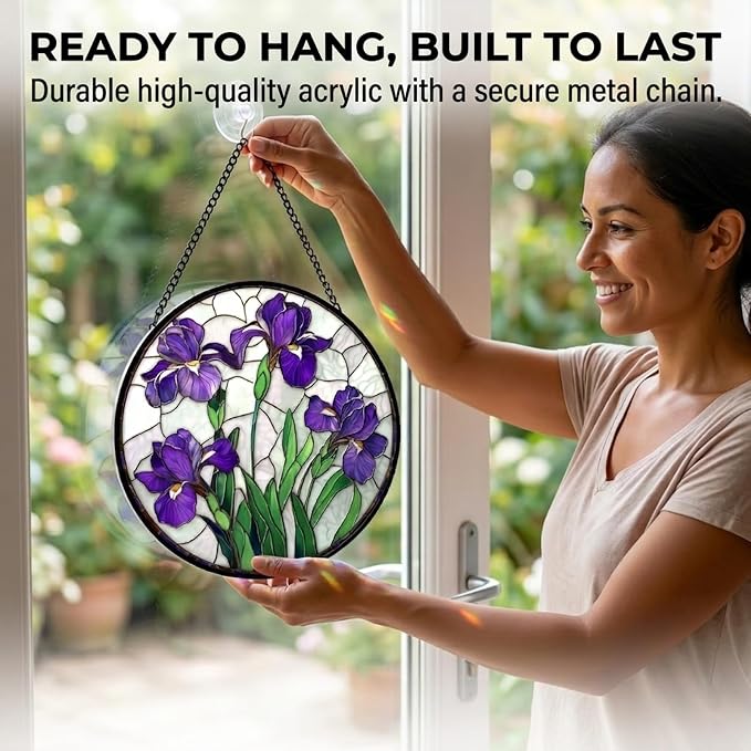 Birthday Gifts for Women - Purple Iris Faux Stained Glass Window Hanging Sun Catcher for Door Garden Acrylic Flower Decor Mother's Day Christmas for Mom Nana Friend Grandma Wife 7.8"