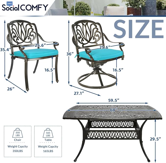 9-Piece Patio Cast Aluminum Dining Set, Outdoor Dining Furniture Set for 8 Person, Includes 64" Square Table, 4 Stationary and 4 Swivel Dining Chairs with Umbrella Hole, Ocean Blue