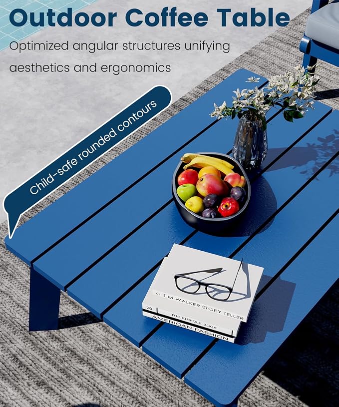 FOOWIN 7-Piece Patio Furniture Set, HDPE All-Weather Outdoor Conversation Set with Thick Cushions, Sectional Patio Sofa Furniture for Deck, Porch, Lawn, Garden, Navy Blue Frame & White Cushion