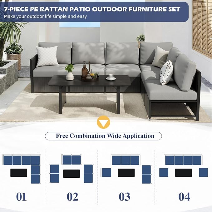 MELLCOM 7 Pieces Patio Furniture Set, Modern Sectional Sofa, All Weather Outdoor Conversation Set with Cushions & Table, Gray