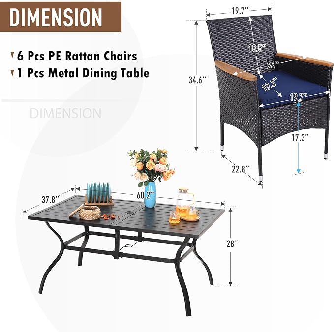 Sophia & William 7-Piece Patio Dining Set, Metal Table, PE Wicker Chairs | All Weather Patio Table and Chairs Set for 6, Perfect for backyard, deck, porch