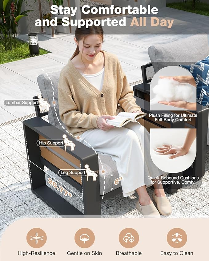 Aoxun Aluminum Patio Furniture Set with Fire Pit Table, 5 Seats Luxury Outdoor Sectional with 6" Olefin Fabric Cushions, Patio Conversation Sets with Outdoor Sofas for Backyard, Deck Light Grey