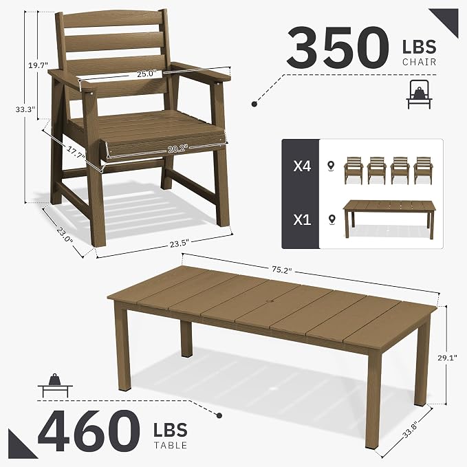 AreShark 5-Piece Outdoor Dining Set,HDPE Patio Table with 4 Armchairs,All-Weather Patio Furniture Set with Umbrella Hole,Low Maintenance Wood Grain Dining Set for Backyard,Garden,Poolside,Black