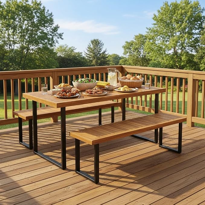 Tangkula 63" Acacia Wood Patio Dining Table for 6 People, Indoor Outdoor Wooden Rectangular Dining Table with Heavy-Duty Metal Legs & 1.97" Umbrella Hole, Patio Dining Table for Deck Garden, Backyard