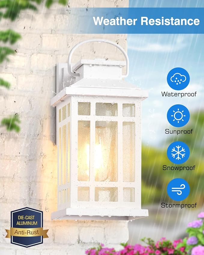 White Dusk to Dawn Outdoor Lighting 2-Pack, Outside Wall Lights with Seed Glass, Outdoor Light for House, Garage, Garden, Entryway, Doorway, 100% Aluminum Waterproof and Anti-Rust, E26 Socket