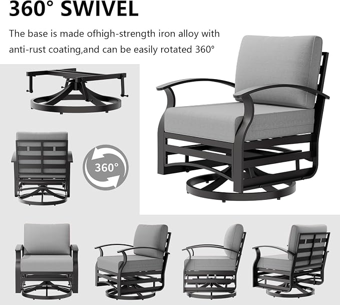 Outdoor Patio Furniture Set, 2 Piece Aluminum Patio Swivel Rocker Chairs, Aluminum Outdoor Bistro Set with Overstuffed Washable Cushions, Outdoor Furniture Set for Porch, Balcony, Deck, Grey