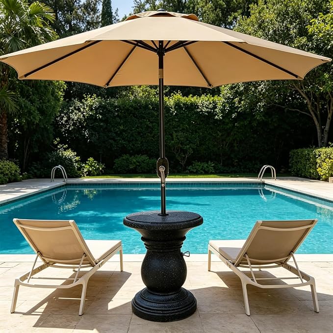 Outdoor Patio Umbrella Side Tables, Heavy Duty Table with Umbrella Hole for Porch, Umbrella Stand Base with Hand-Turn Tightening Knob, Garden Coffee Table, Black