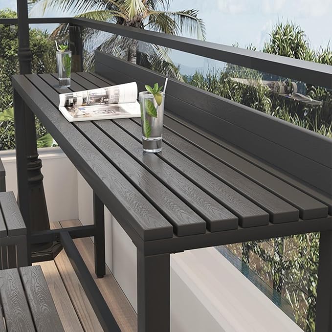 Outdoor Bar Table, Patio Pub Height Table with Anti-Fall Baffle, All-Weather Bar Height Counter Table, Narrow Dining Table for Hot Tub, Garden & Backyard(Color:Black+Black,Size:L-55.1in)