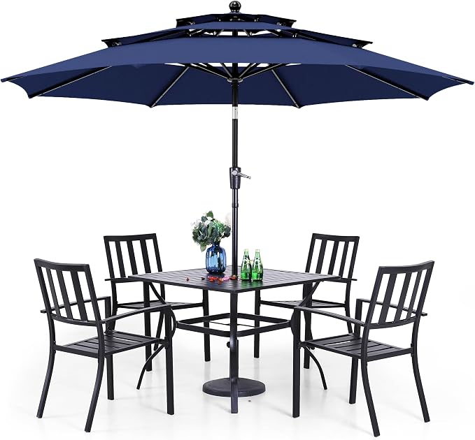 PHI VILLA 5 Pcs Outdoor Dining Set with 10ft Umbrella | 37" Square Metal Dining Table & 4 Stacking Metal Chair with 3 Tier Red Umbrella for Patio, Deck, Yard, Porch