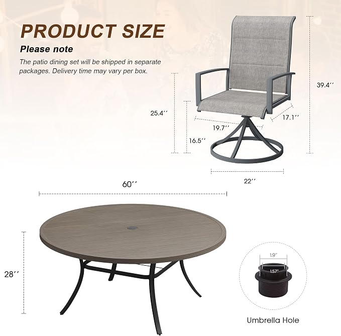 VICLLAX 9 Pieces Outdoor Dining Set, Patio Furniture Set Includes 60" Round Metal Table W/ 1.9" Umbrella Hole and 8 Padded Textilene Swivel Chairs for Porch, Lawn, Garden, Backyard