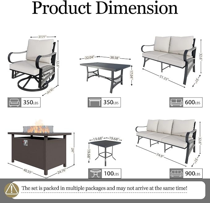 7-Piece Outdoor Furniture Set, Metal Swivel Rocking Chairs with All-Weather Cushions, Patio Conversation Set with Fire Pit Table for Deck, Porch, Garden, Backyard, Poolside (Beige Cushions)