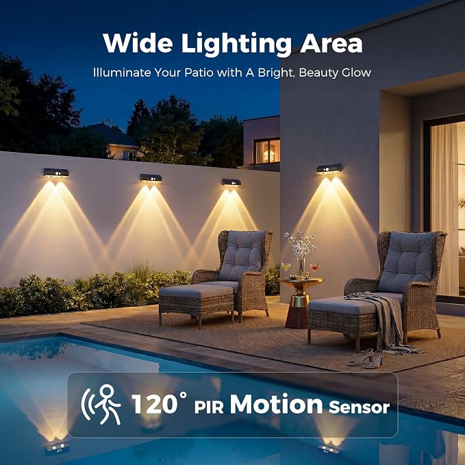 kolpop Solar Fence Lights Outdoor with Motion Sensor,Fence Lights Solar Powered,IP65 Waterproof,3 Modes LED Solar Lights for Patio,Backyard,Railing,Wall,Nighttime,Party,Pool,4 Pack,Warm White
