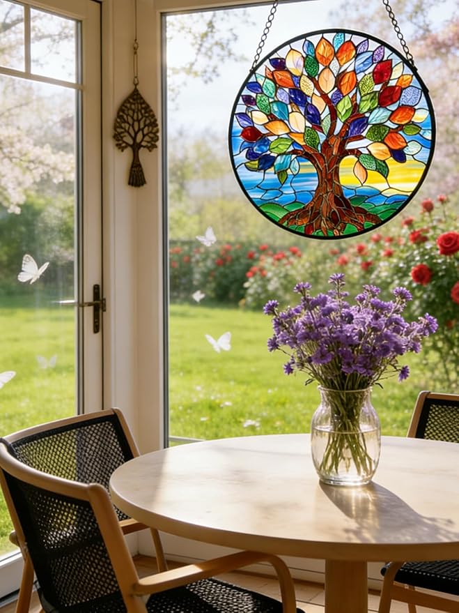 Tree of Life Stained Glass Suncatcher Window Hanging Birthday Gifts | 7.8in Garden Sun Catcher, Colorful Tree Art Sunrise Ornament for Door Home, Gift for Women Men & Mother's Day Christmas