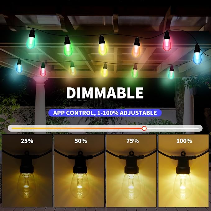 CAWWS Outdoor String Lights 50FT, Color Changing Patio Lights, Waterproof | 20 Shatterproof LED Bulbs, Multicolor & Warm White, Dimmable, IP67 Waterproof, APP & Remote, Custom Colors, 24V Low Voltage