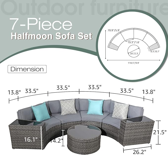 SUNSITT Outdoor 7-Piece Half-Moon Sectional Furniture Set with Round Coffee Table, Patio Curved Sofa Set, Grey Cushion and Grey Wicker, Incl. Waterproof Cover
