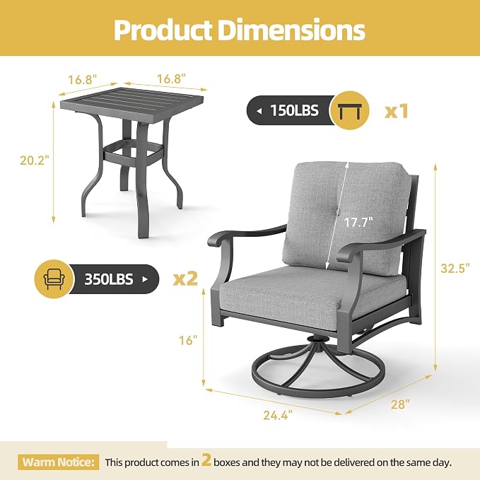 Outdoor Swivel Rocking Chairs, 3 Piece Metal Patio Rocking Chair w/Coffee Table, Aluminum Patio Bistro Furniture Set with 5" Thickened Cushions for Porch, Backyard, Balcony, Gray