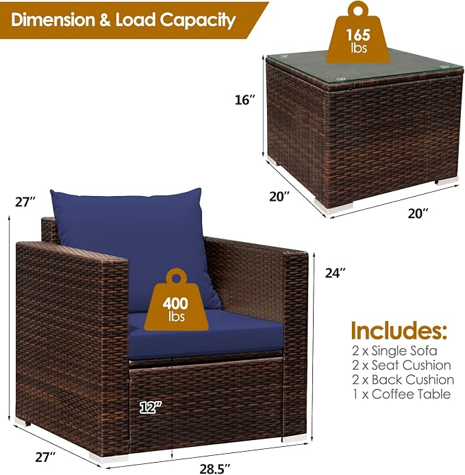 RELAX4LIFE 3-Piece Wicker Bistro Set - Outdoor Patio Rattan Sofa Set w/Washable Cushions & Tempered Glass Coffee Table, Conversation Furniture Set for Backyard, Porch, Garden & Poolside (Navy Blue)