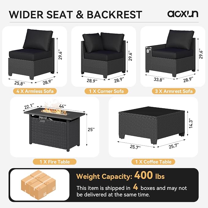Aoxun 10-Piece Sectional Sofa with 44" Fire Pit, 4" Thicken Cushion, Widen Armrests Wicker for Backyard with Coffee Table, Black
