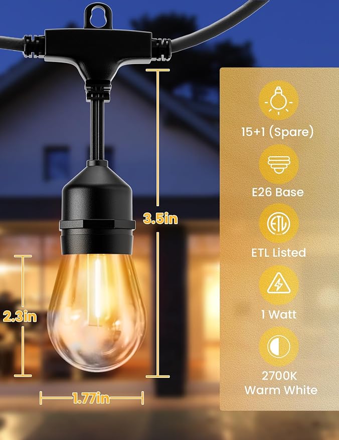 Svater Outdoor Led String 50FT, Patio Lights with 16pcs S14 Shatterproof Bulbs, 1 Watt E26 Dimmable 2700K Warm White, IP65 Waterproof, Commercial Grade Lights