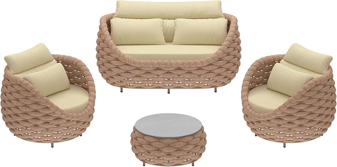 TWT Outdoor Patio Furniture Set-5 Pieces Aluminum Sectional Sofa, Metal Patio Conversation Set with Loveseat & Armchair, Textile Rope and Coffee Table, Light Brown