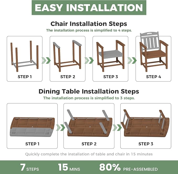 HDPE Outdoor Dining Set, Patio Table and Chairs Set, All-Weather 7-Piece Outside Table and 6 Chairs, 2" Umbrella Hole, Outdoor Furniture for Garden, Poolside, Backyard, Deck | Teak