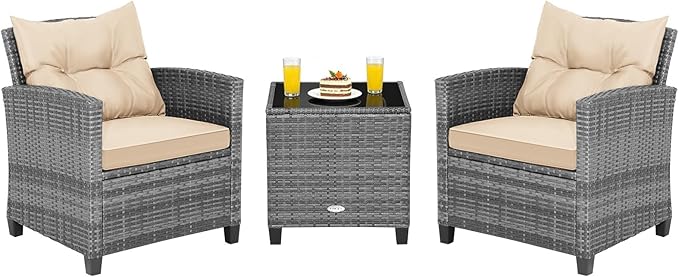 COSTWAY 3PCS Patio Furniture Set, PE Rattan Wicker Sofa w/Washable Cushion and Coffee Table, Tempered Glass Tabletop, Outdoor Conversation Set for Balcony, Porch, Yard, Backyard, Lawn (Beige)