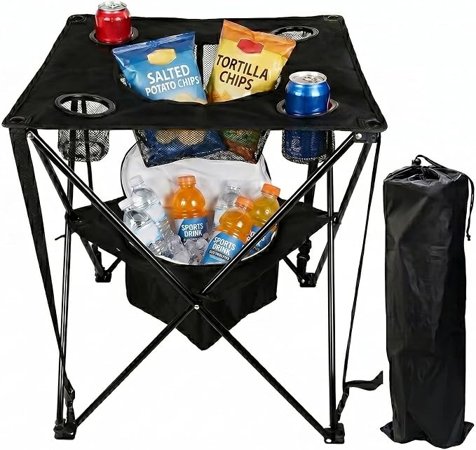 OVENTE Collapsible Folding Camping Table with Insulated Cooler, 4 Cup Holders, Food Basket and Travel Bag, Portable Tailgating Table for Fishing, Outdoor Barbecue or Beach Parties, Black POTC0014B