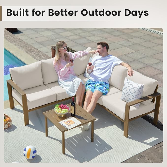 UDPATIO 6 Piece Patio Furniture Set, Metal Outdoor Sectional Sofa with 6" Thick Olefin Cushions, Wide Armrest & Coffee Table, L Shaped Outdoor Furniture for Garden, Backyard, Faux Wood Grain & Beige