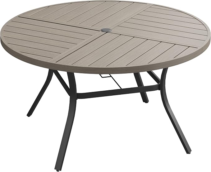 Patio Dining Table for 6-8, Round Metal Outdoor Table with Storage Shelf, 1.57" Umbrella Hole, 53" Outdoor Quartered Tabletop Dining Table for Backyard, Porch, Lawn, Grey