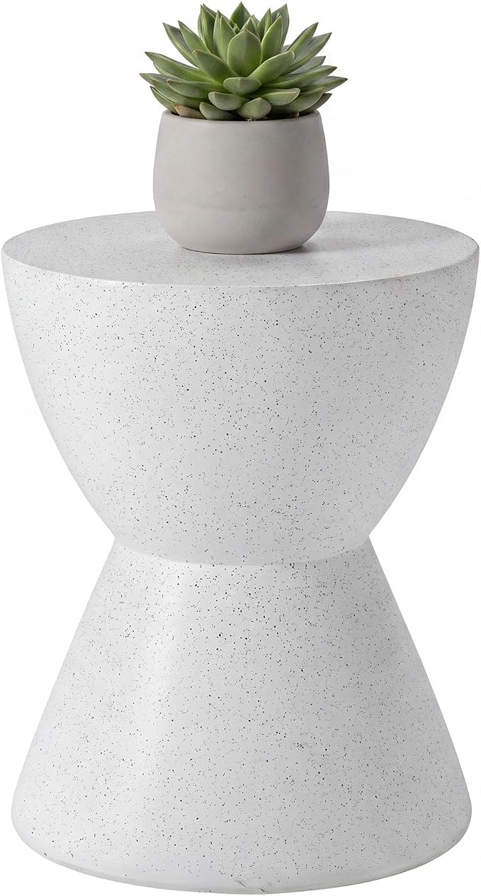 COSIEST Outdoor Drum Side Table, 19" Modern Concrete Hourglass End Table for Patio, Small Round Outside Accent Table & Plant Stand for Garden, Porch, Deck, Balcony，White
