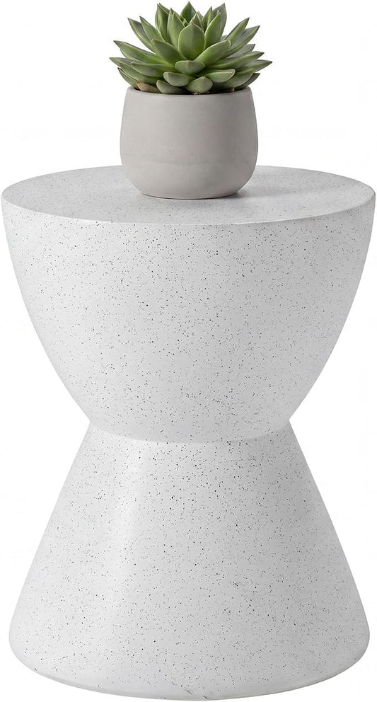 COSIEST Outdoor Drum Side Table, 19" Modern Concrete Hourglass End Table for Patio, Small Round Outside Accent Table & Plant Stand for Garden, Porch, Deck, Balcony，White