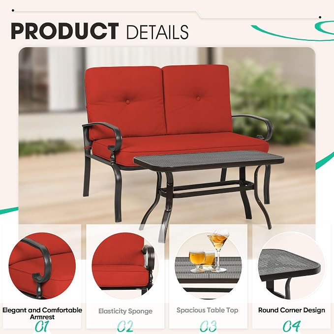 Incbruce 7 Pcs(6 Seats) Wrought Iron Patio Conversation Sets (1 Loveseat, 2 Table, 2 Spring Chair, 2 Dining Chairs), Outdoor Metal Furniture Sets with Red Cushion