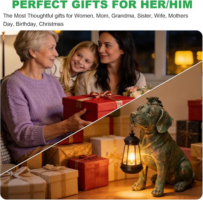 Solar Garden Statue Dog Figurine Decor with Lantern Lights, 11 Inch Outdoor Decoration Solar Dog Sculptures for Outside Patio Lawn Balcony Yard Ornament, Dogs Lover Gifts for Women Mom Birthday
