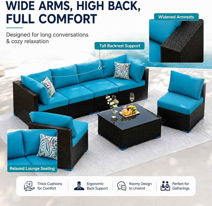 7 Piece Outdoor Sectional Outdoor Patio Furniture Set, Outdoor Patio Furniture Set with Coffee Table, Sectional Couch Sofa with Cushions, Wicker Outdoor Conversation Set for Backyard & Garden, Blue