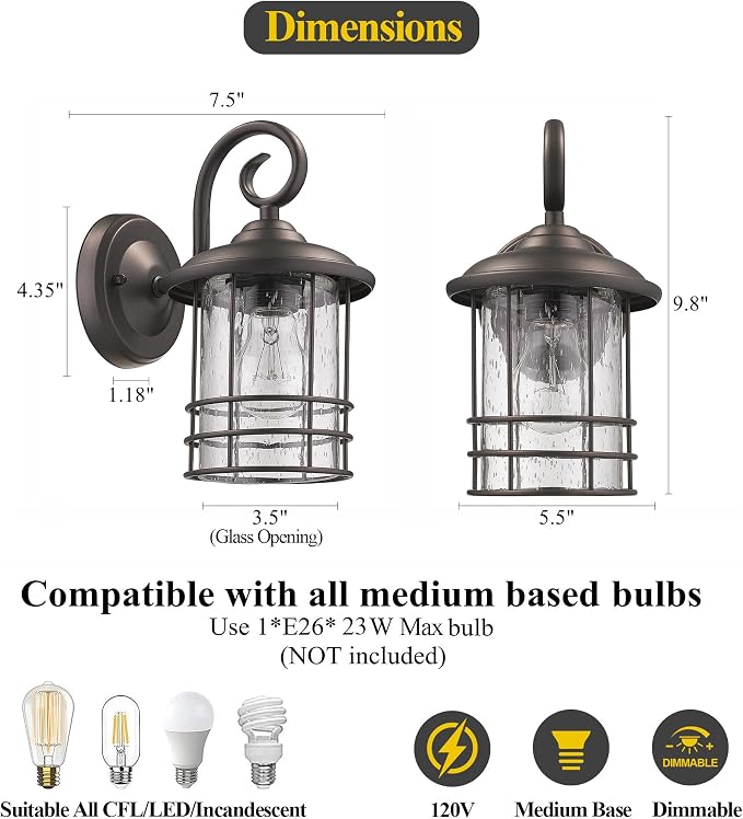 MICSIU 2 Pack 5.5" Narrow Oil Rubbed Bronze Vintage Farmhouse Porch Light | Max 23W 9.8 Inch Outside Fixture, Waterproof Farmhouse Outdoor Wall Sconce for Slim Column, Patio, Front Door Sidelight