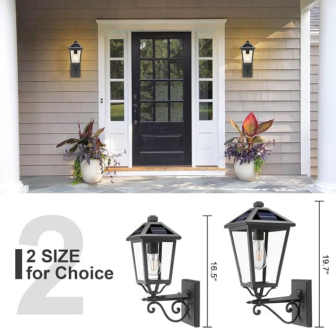 Solar Outdoor Wall Light, 17'' Vintage Lantern-Style Sconce with Remote Control, Alluminum Matte Black Weatherproof Exterior Lighting Front Porch Lights for House Garage Doorway Patio