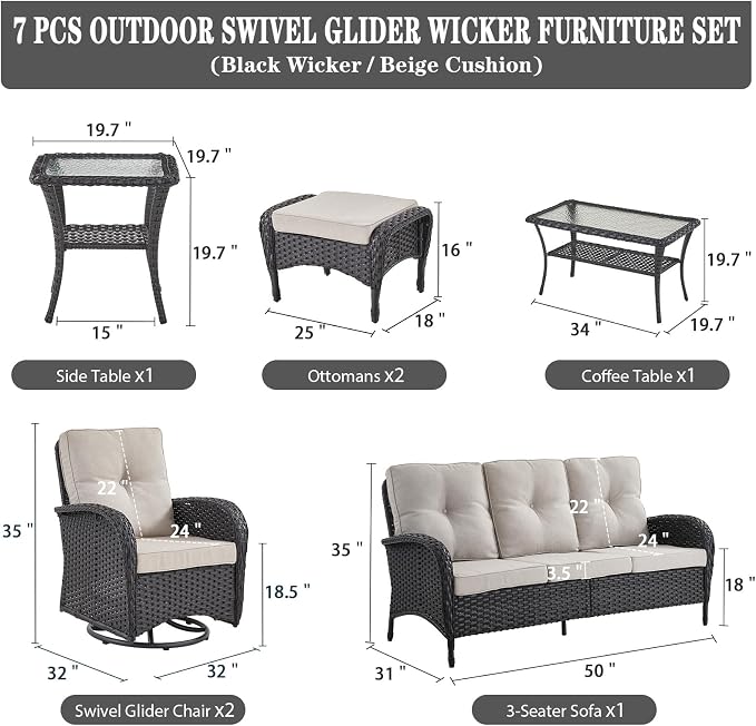 Belord Wicker Outdoor Furniture Set - 7 Piece Patio Conversation Sets with Comfort Swivel Rocker Glider Patio Chairs Set of 2 and Rattan Sofa, Tempered Glass Coffee Table and Side Table,Black/Beige