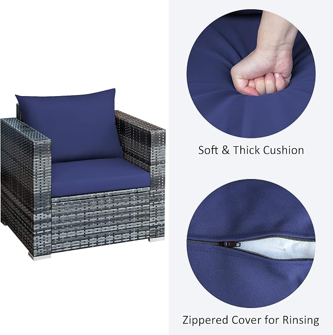 COSTWAY 3-Piece Patio Furniture Set, Outdoor Wicker Rattan Sofa with Cushions and Coffee Table, Conversation Chair Set for Poolside Backyard Balcony Lawn (Navy)