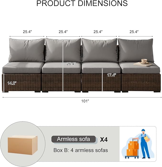 4 Pieces Patio Furniture Set, Outdoor PE Rattan Sectional Sofa with Soft Cushions for Backyard, Porch, and Poolside (Gray, 4 PCS)