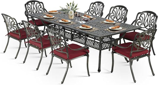VIVIJASON 9-Piece Outdoor Dining Set, All Weather Cast Aluminum Retro Patio Furniture Table and Chairs Set for 8, Include 94.5" Rectangular Dining Table and 8 Chairs with Umbrella Hole, Red Cushion