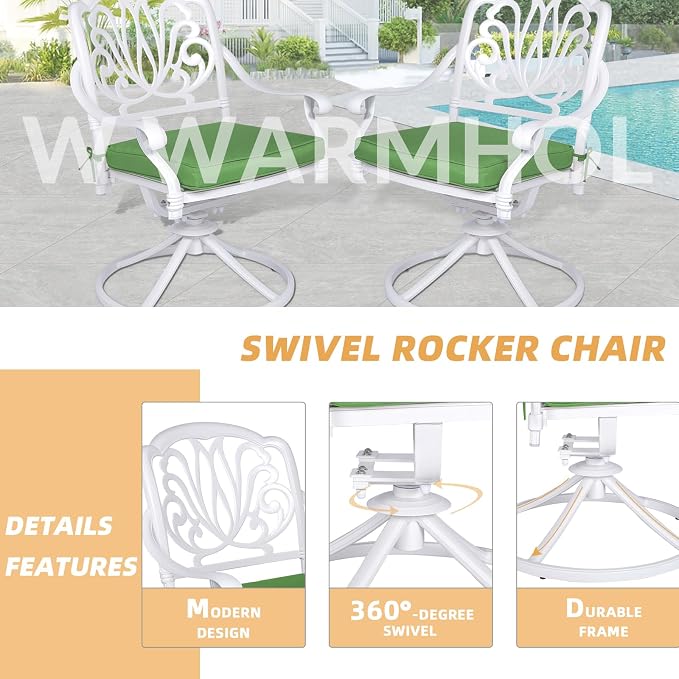 9-Piece Patio Dining Set, Outdoor Patio Table and Chair Set of 84” Oval Cast Aluminum Dining Table with Umbrella Hole, 8 Patio Dining Swivel Chairs Padded, Patio Funiture Set, White