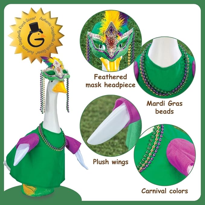 Gaggleville Mardi Gras Goose Outfit, Fits Large 23" H Statue, by Fox | Valley Traders