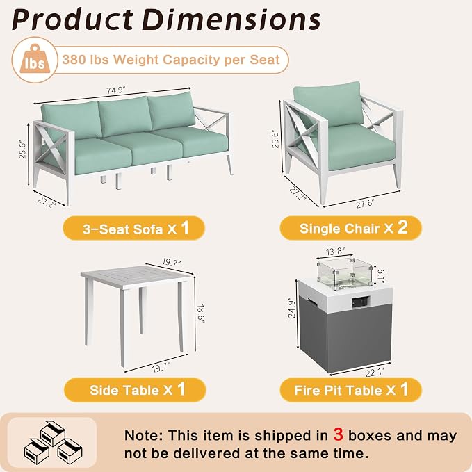 Aluminum Patio Furniture Set, 7-Piece Oversized Outdoor Conversation Set with Fire Pit Table & Coffee Table, All Weather Modern White Sofa for Deck, Garden, Poolside