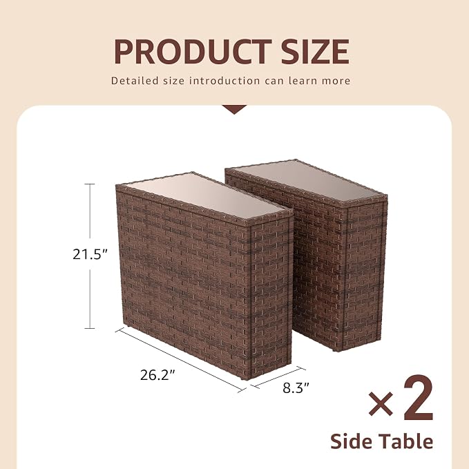 SUNSITT Rattan PE Resin Wicker Patio Side Table 2-Pack Sofa Wedge End Table with Tempered Glass Top, Brown