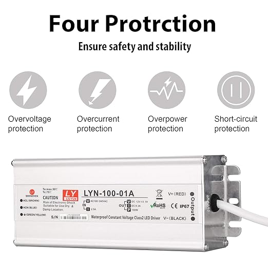 LED Driver 100 Watts 110V AC to 12V DC Low Voltage Output, IP67 Waterproof Power Low Voltage Transformer Adapter with 3 pin Plug LED Cable for LED Light bar, Indoor and Outdoor Light String