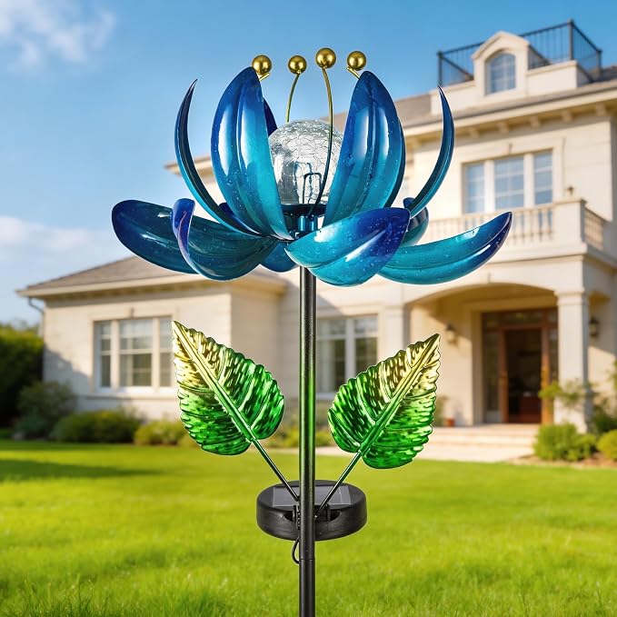 AIINY Solar Garden Lights Metal Flower Decor, Colorful Lotus Pathway Spinning Windmill with LED Cracked Crystal Ball Outdoor Decorative Stake Lighting Waterproof Flower Sculpture for Patio Yard