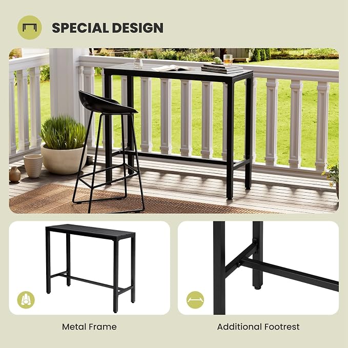 Crestlive Products Outdoor Bar Table, 43'' Rectangle Patio Counter Height Table High Pub Table with Waterproof Top and Sturdy Metal Frame for Balcony, Bistro, Garden, Backyard, Hot Tub(Black)