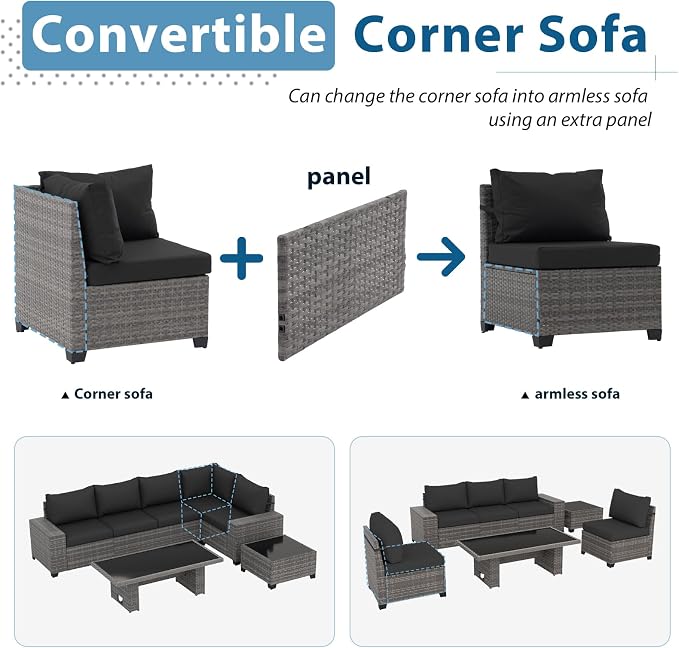 JOIVI 7 Piece Outdoor Patio Furniture Set with Adjustable Height Dining Table, Rattan Outdoor Sectional Sofa Conversation Set, PE Wicker L-Shaped Patio Furniture for Garden, Backyard, Deck, Black