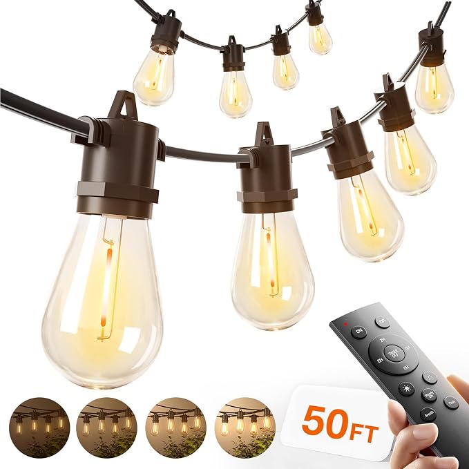 addlon 50FT Outdoor String Lights LED with Remote Dimmable Waterproof | Timer & 3 Lighting Modes, Shatterproof Edison Bulbs, Connectable Hanging Strand for Patio Outside Backyard Porch Party Décor