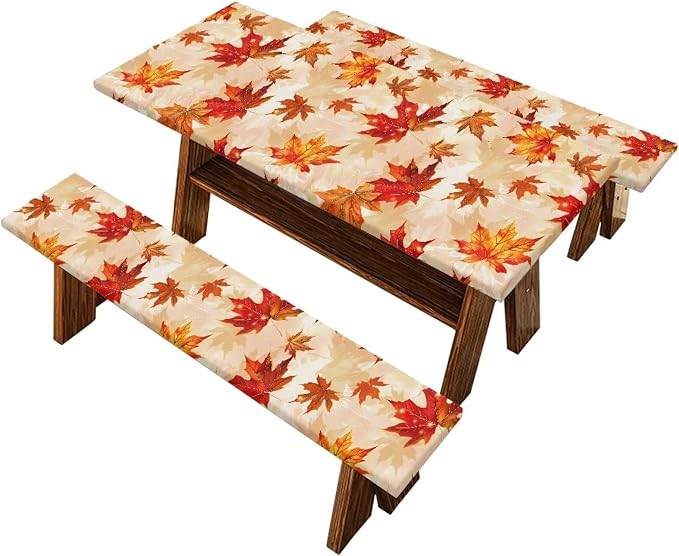 Fall Table Cover with Bench Covers Washable Rectangle Table Cover Outdoor Patio Camping Essentials Picnic Table and Chair Decorative Cover Suitable for Fall Thanksgiving